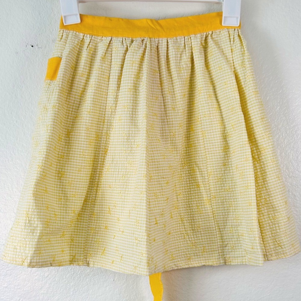 Vintage Yellow Gingham Floral Embroidered Cottagecore Half Apron with Pocket